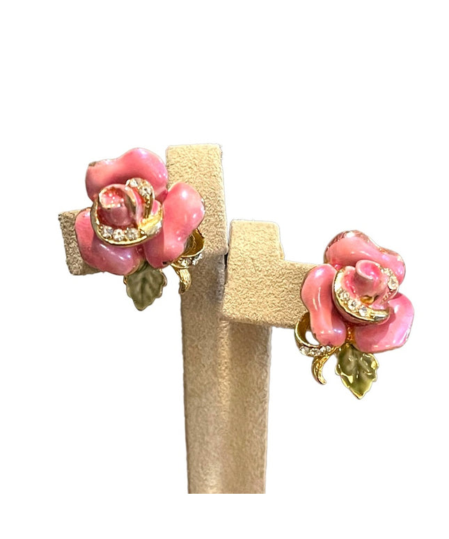 Lovely Vintage Pink roses Enameled Rhinestone crystal clip on earrings