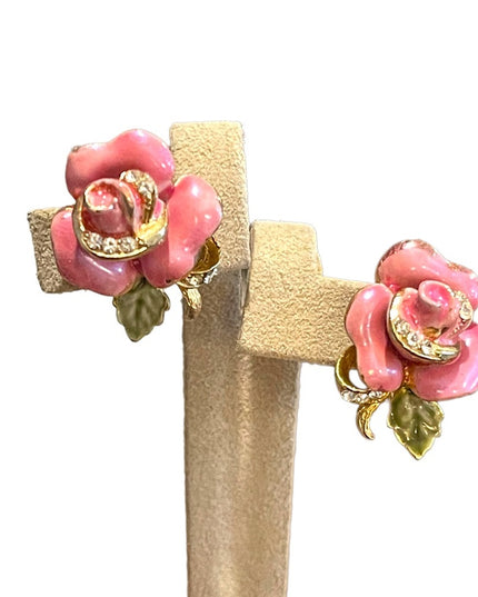Lovely Vintage Pink roses Enameled Rhinestone crystal clip on earrings