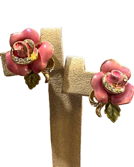 Lovely Vintage Pink roses Enameled Rhinestone crystal clip on earrings