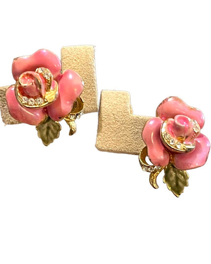 Lovely Vintage Pink roses Enameled Rhinestone crystal clip on earrings