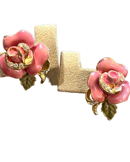 Lovely Vintage Pink roses Enameled Rhinestone crystal clip on earrings