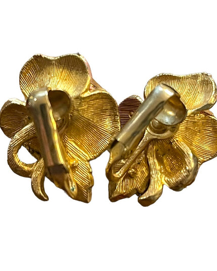 Lovely Vintage Pink roses Enameled Rhinestone crystal clip on earrings