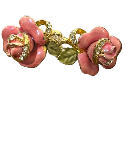 Lovely Vintage Pink roses Enameled Rhinestone crystal clip on earrings