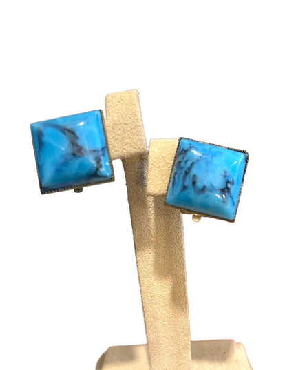 Vintage blue square art glass clip on earrings brass finish