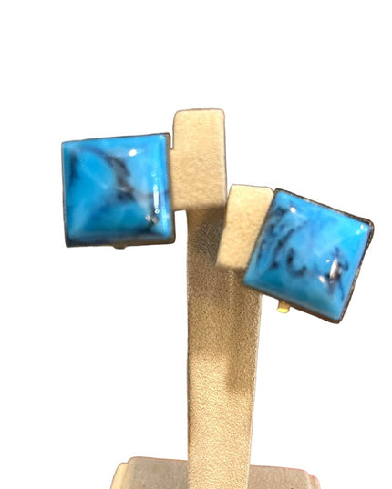 Vintage blue square art glass clip on earrings brass finish