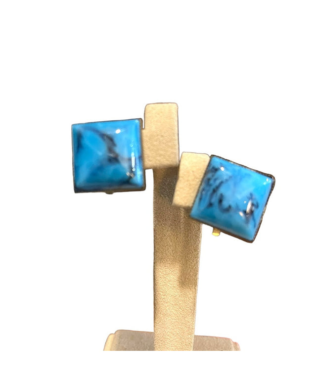 Vintage blue square art glass clip on earrings brass finish