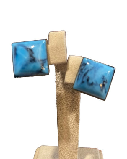 Vintage blue square art glass clip on earrings brass finish