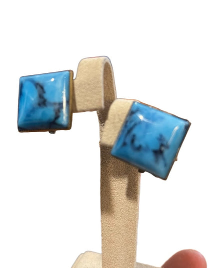 Vintage blue square art glass clip on earrings brass finish