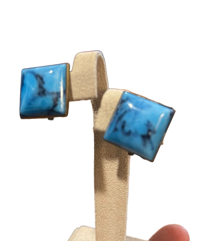 Vintage blue square art glass clip on earrings brass finish