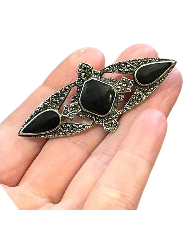 Vintage black enamel bar brooch Victorian Repro Marcasite