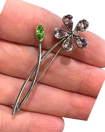 Vintage Silver metal purple crystal flower brooch