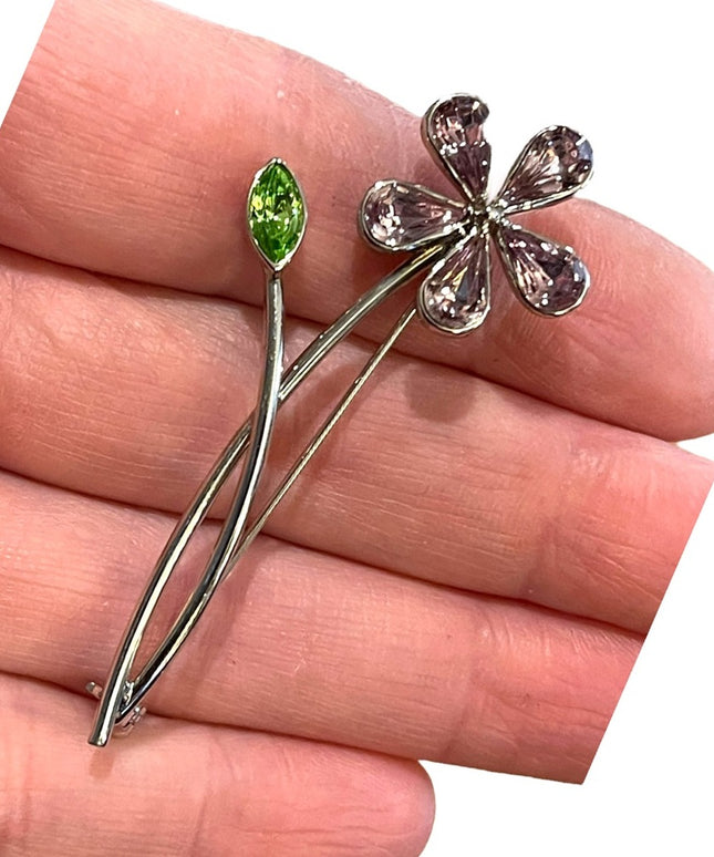 Vintage Silver metal purple crystal flower brooch
