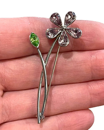 Vintage Silver metal purple crystal flower brooch