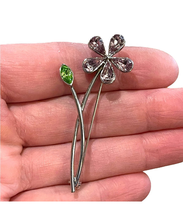 Vintage Silver metal purple crystal flower brooch
