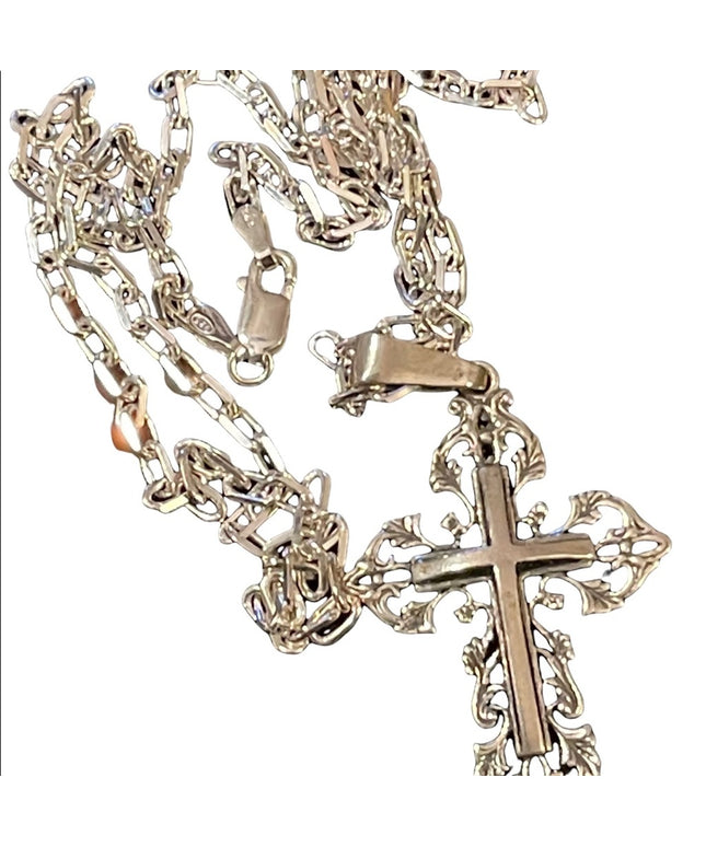 - Vintage sterling silver chain link necklace with sterling cross pendant