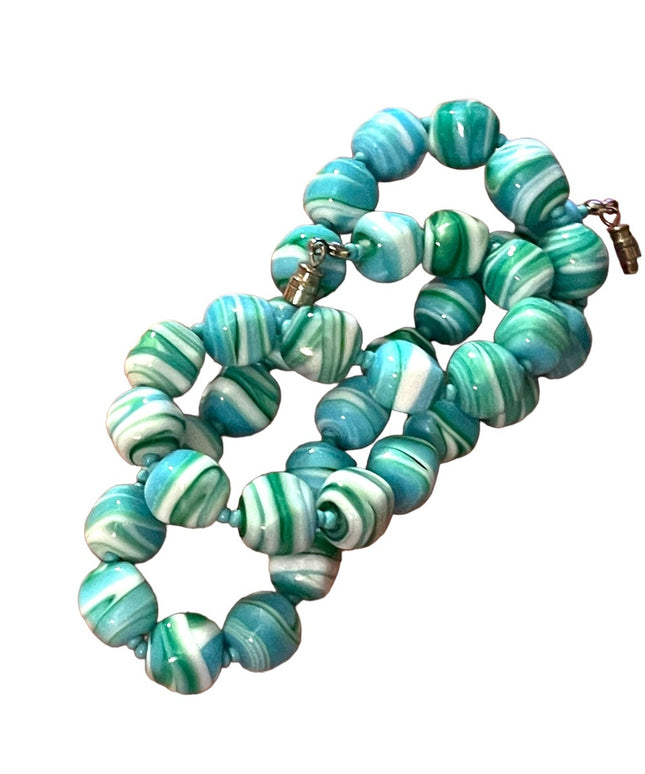 Vintage Glass Handmade Italian Blue & Milk fancy bead necklace