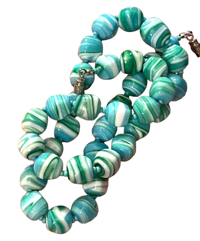 Vintage Glass Handmade Italian Blue & Milk fancy bead necklace