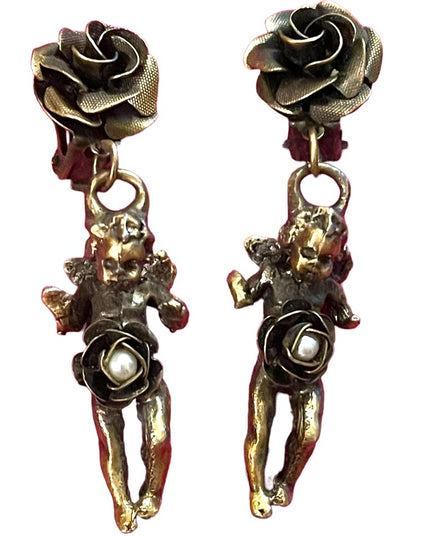Vintage 1960s Solid metal pearl Rose flower Angel dangle earrings antiqued