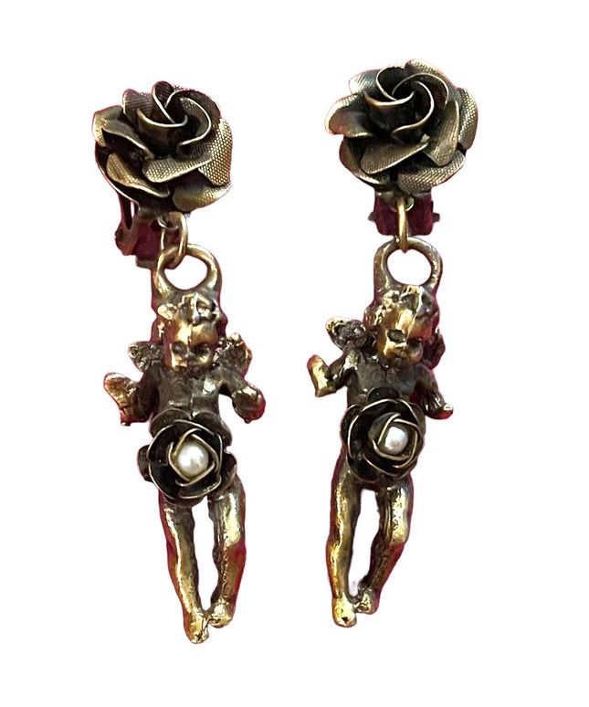 Vintage 1960s Solid metal pearl Rose flower Angel dangle earrings antiqued