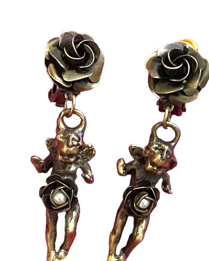 Vintage 1960s Solid metal pearl Rose flower Angel dangle earrings antiqued