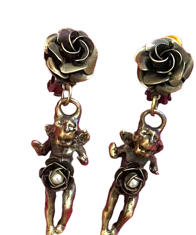 Vintage 1960s Solid metal pearl Rose flower Angel dangle earrings antiqued