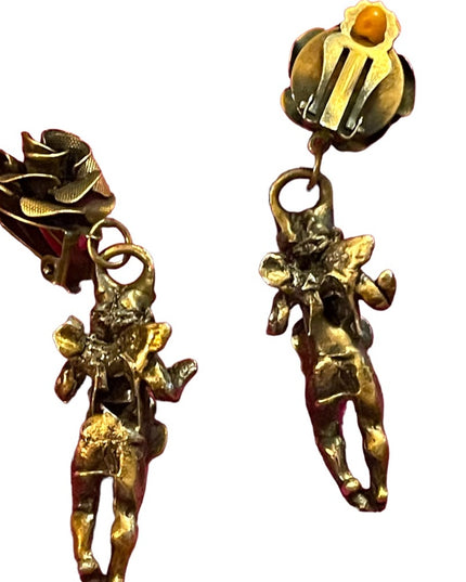 Vintage 1960s Solid metal pearl Rose flower Angel dangle earrings antiqued