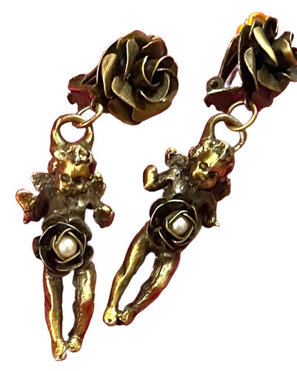 Vintage 1960s Solid metal pearl Rose flower Angel dangle earrings antiqued