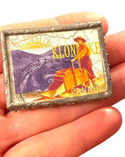 1996 Klondike Gold Claims 45c Stamp handmade glass metal work brooch