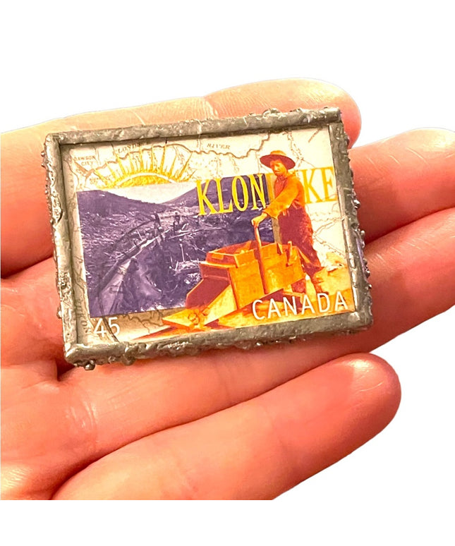1996 Klondike Gold Claims 45c Stamp handmade glass metal work brooch