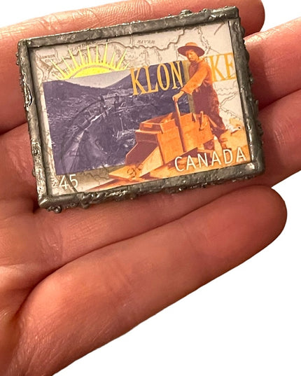 1996 Klondike Gold Claims 45c Stamp handmade glass metal work brooch