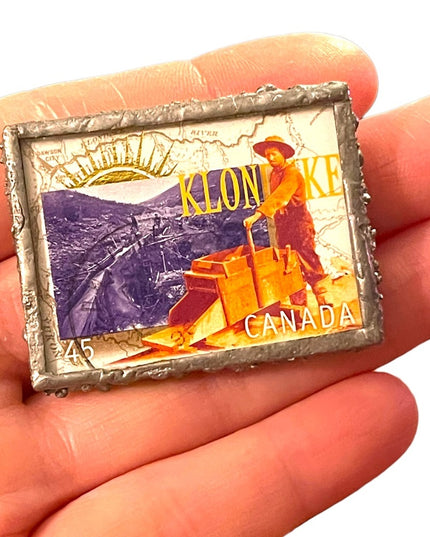 1996 Klondike Gold Claims 45c Stamp handmade glass metal work brooch