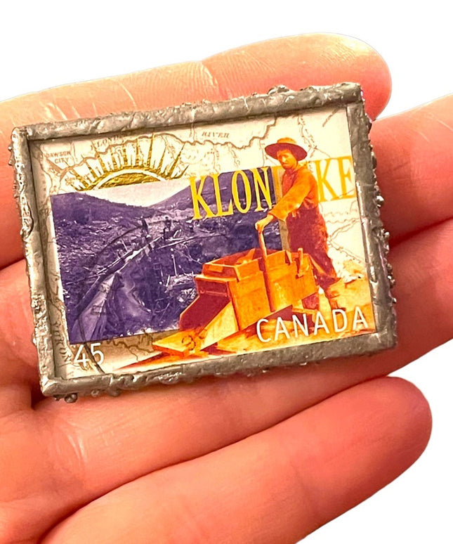 1996 Klondike Gold Claims 45c Stamp handmade glass metal work brooch