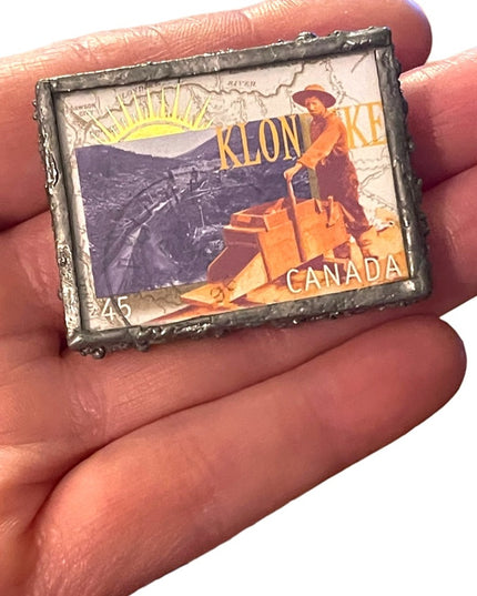 1996 Klondike Gold Claims 45c Stamp handmade glass metal work brooch