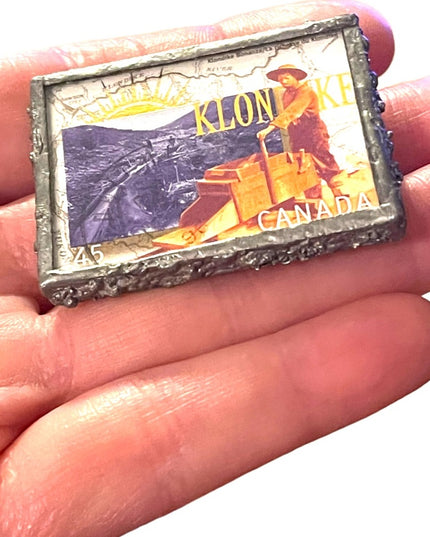 1996 Klondike Gold Claims 45c Stamp handmade glass metal work brooch