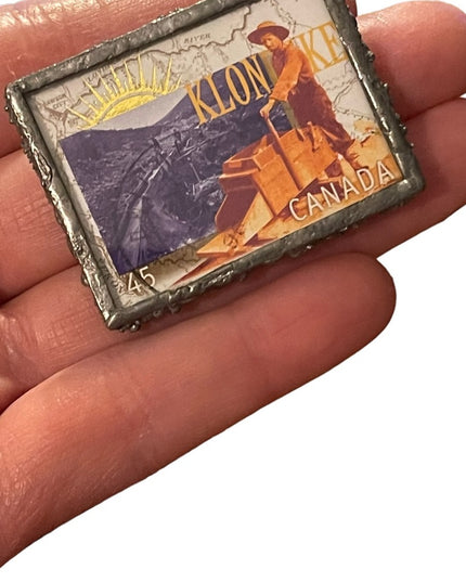 1996 Klondike Gold Claims 45c Stamp handmade glass metal work brooch