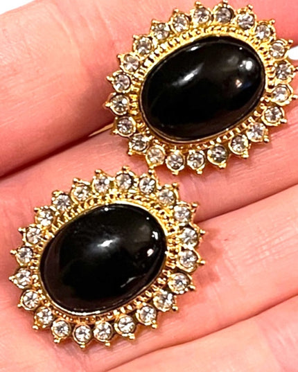 Vintage 1980s Butler black onyx crystal gold finish rhinestone Fifth Ave Collec