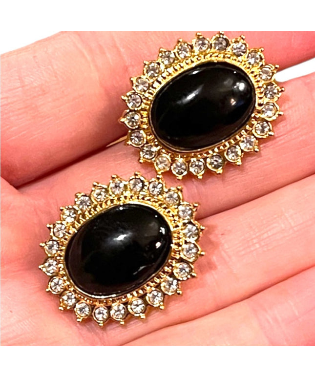 Vintage 1980s Butler black onyx crystal gold finish rhinestone Fifth Ave Collec