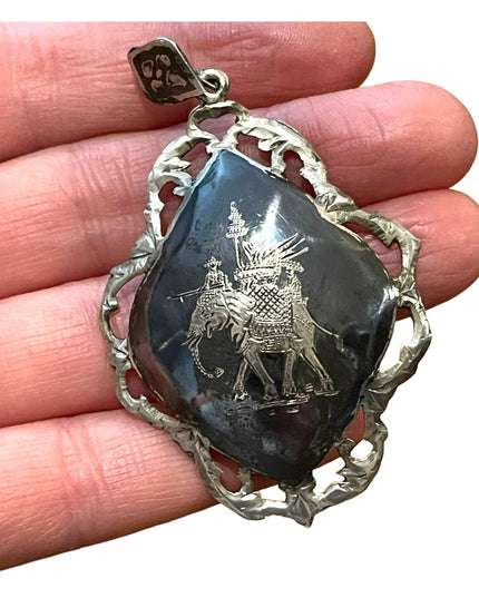 Large Vintage Siam Sterling 925 Pendant enameled black elephant etched Niello