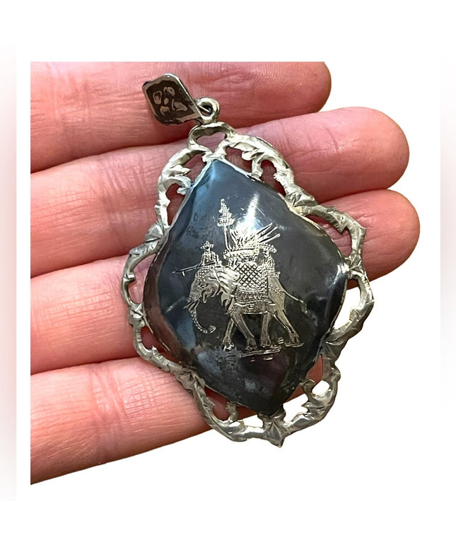 Large Vintage Siam Sterling 925 Pendant enameled black elephant etched Niello