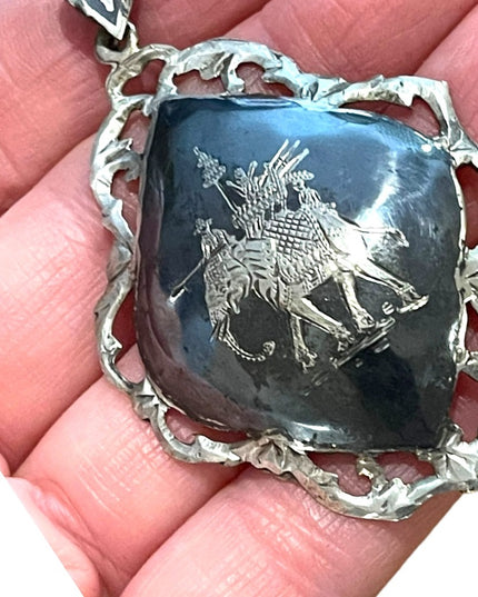 Large Vintage Siam Sterling 925 Pendant enameled black elephant etched Niello