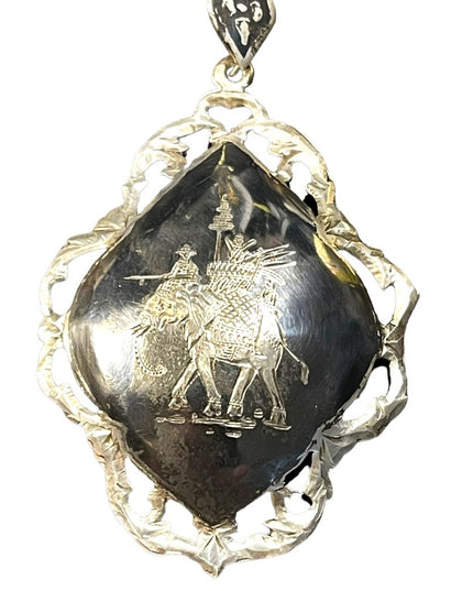 Large Vintage Siam Sterling 925 Pendant enameled black elephant etched Niello