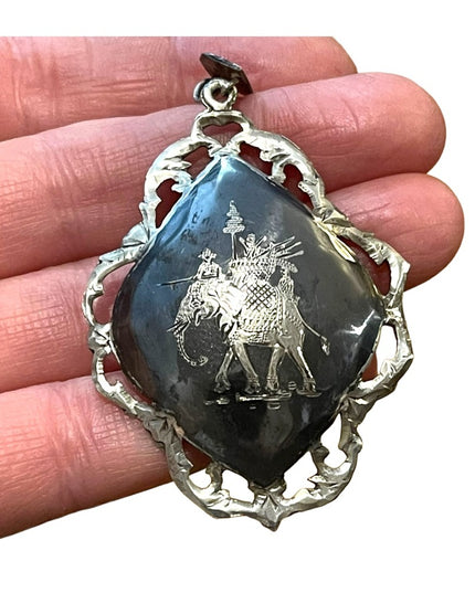 Large Vintage Siam Sterling 925 Pendant enameled black elephant etched Niello