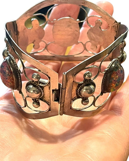 Vintage Large Mexico 925 TNC signed Sterling silver fire opal bangle bracelet