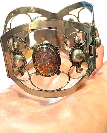 Vintage Large Mexico 925 TNC signed Sterling silver fire opal bangle bracelet