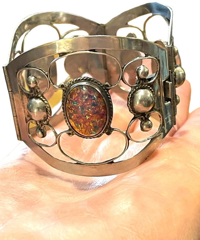 Vintage Large Mexico 925 TNC signed Sterling silver fire opal bangle bracelet
