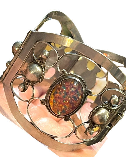 Vintage Large Mexico 925 TNC signed Sterling silver fire opal bangle bracelet