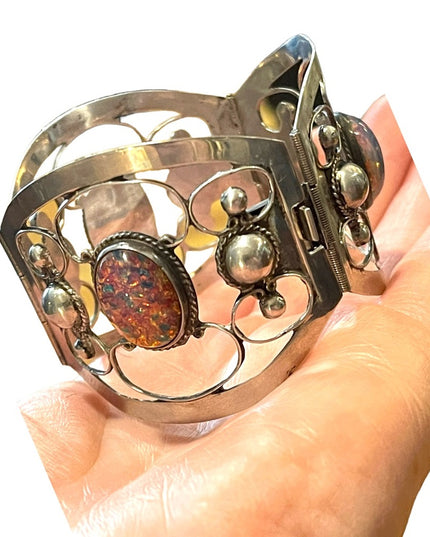 Vintage Large Mexico 925 TNC signed Sterling silver fire opal bangle bracelet