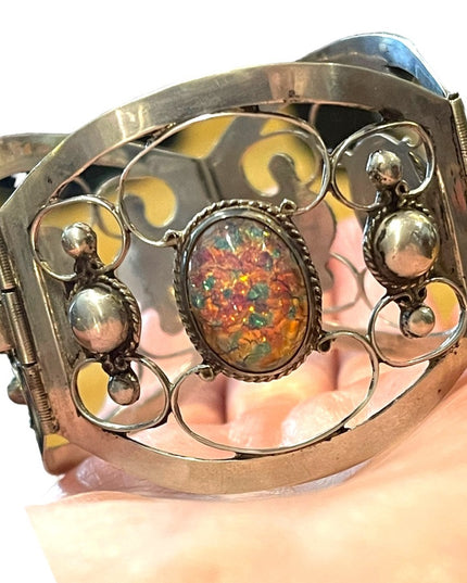 Vintage Large Mexico 925 TNC signed Sterling silver fire opal bangle bracelet