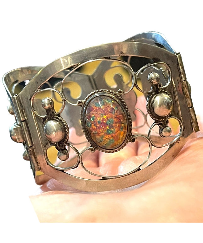 Vintage Large Mexico 925 TNC signed Sterling silver fire opal bangle bracelet