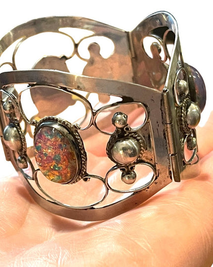 Vintage Large Mexico 925 TNC signed Sterling silver fire opal bangle bracelet